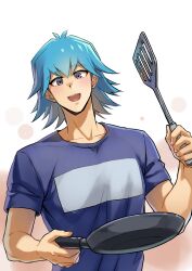 Rule 34 | 1boy, absurdres, blue hair, blue shirt, bruno (yu-gi-oh!), hand up, highres, holding, holding pan, holding spatula, looking at viewer, male focus, open mouth, purple eyes, shirt, short hair, simple background, smile, solo, spatula, standing, t-shirt, upper body, youko-shima, yu-gi-oh!, yu-gi-oh! 5d&#039;s