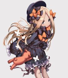 Rule 34 | 1girl, abigail williams (fate), black bow, black dress, black hat, blonde hair, bloomers, blue eyes, bow, bug, butterfly, closed mouth, commentary request, dress, fate/grand order, fate (series), grey background, hair bow, hat, insect, long hair, long sleeves, looking at viewer, orange bow, parted bangs, polka dot, polka dot bow, shino (eefy), simple background, sleeves past wrists, solo, stuffed animal, stuffed toy, teddy bear, underwear, very long hair, white bloomers