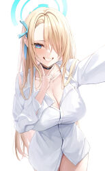 Rule 34 | 1girl, asuna (blue archive), breasts, cleavage, highres, large breasts, light brown hair, long sleeves, looking at viewer, melt (melt out1), shirt, simple background, smile, solo, white shirt