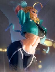 Rule 34 | 1girl, absurdres, antenna hair, arched back, arms up, ass, black sports bra, blonde hair, blue eyes, blue jacket, braid, breasts, cammy stretch (meme), cammy white, cropped jacket, fading, fingerless gloves, gloves, hat, highres, huge ass, hymin, jacket, large breasts, meme, pants, short hair, solo, sports bra, standing, street fighter, street fighter 6, stretching, thick thighs, thighs, tight clothes, tight pants, union jack, wide hips, yoga pants