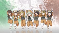 Rule 34 | 10s, 6+girls, adapted uniform, amaretto (girls und panzer), anchovy (girls und panzer), animal costume, anzio military uniform, arm behind head, arms behind head, barefoot, bear costume, black hair, black necktie, blonde hair, blunt bangs, blush, boko (girls und panzer), braid, brown eyes, brown hair, carpaccio (girls und panzer), cast, closed eyes, closed mouth, commentary request, drill hair, eyepatch, flag background, girls und panzer, glasses, green hair, green jacket, hair up, highres, holding, holding riding crop, italian flag, jacket, long hair, looking at viewer, military, military uniform, multiple girls, necktie, open mouth, orc peon 7503, pajamas, panettone (girls und panzer), parted lips, pepperoni (girls und panzer), red eyes, reflection, riding crop, robiola (girls und panzer), round eyewear, short hair, side braid, smile, standing, standing on one leg, twin drills, twintails, uniform, waving