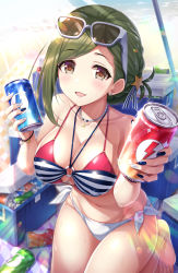 Rule 34 | 1girl, bare shoulders, beach, bikini, blush, breasts, brown eyes, can, cleavage, collarbone, drink can, folded ponytail, green hair, highres, idolmaster, idolmaster shiny colors, jewelry, large breasts, light rays, looking at viewer, nanakusa hazuki, navel, necklace, smile, soda can, solo, swept bangs, swimsuit, thighs, urabi (tomatohouse)