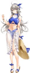 Rule 34 | 1girl, ahoge, armlet, blue hairband, blue one-piece swimsuit, blush, breasts, flower, grey eyes, grey hair, hair between eyes, hairband, hat, holding, holding clothes, holding hat, kantai collection, large breasts, long hair, navel, official alternate costume, official art, one-piece swimsuit, sandals, sarong, see-through, see-through sarong, shirt, solo, stomach, straw hat, sun hat, swimsuit, tied shirt, transparent background, unworn hat, unworn headwear, washington (kancolle), washington kai (kancolle), white shirt, zeco