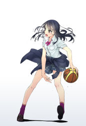 Rule 34 | 1girl, :d, ball, basketball, basketball (object), black footwear, black hair, black jacket, blue skirt, blush, brown eyes, buttons, clothes around waist, collared shirt, dress shirt, full body, highres, jacket, jacket around waist, loafers, long hair, long sleeves, looking to the side, murakami suigun, open mouth, original, plaid, plaid skirt, pocket, purple socks, school swimsuit, shirt, shoes, short sleeves, simple background, skirt, smile, socks, solo, swimsuit, unbuttoned, white background, wing collar