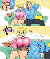 Rule 34 | 1boy, 1girl, 2koma, absurdres, annoyed, black pants, blonde hair, blue eyes, blue sweater, bowl, breasts, comic, constricted pupils, couch, highres, huge breasts, lap pillow, large breasts, link, long sleeves, looking at another, mario (series), nintendo, pants, pink shorts, pink sweater, pointy ears, polka dot, polka dot background, princess peach, sasa tseng, shorts, sitting, sweater, the legend of zelda, white background, yellow background