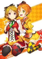 Rule 34 | 10s, 2girls, :d, asymmetrical legwear, blush, bow, brown hair, copyright name, cropped jacket, earrings, green eyes, hair bow, hair ribbon, highres, hoshizora rin, jewelry, koizumi hanayo, lace-up top, long sleeves, looking at viewer, love live!, love live! school idol festival, love live! school idol project, mismatched legwear, multiple girls, neck ribbon, necktie, open mouth, orange hair, purple eyes, ribbon, shirabi, short hair, simple background, skirt, smile, sunny day song, thighhighs