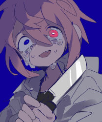 Rule 34 | 1boy, absurdres, attempted suicide, black shirt, blade to throat, blue eyes, commentary request, crying, crying with eyes open, fang, furrowed brow, hair between eyes, heterochromia, highres, holding, holding knife, hood, hood down, hoodie, knife, long sleeves, looking ahead, male focus, open mouth, original, pink eyes, pink hair, raito-kun (uenomigi), shirt, short hair, sidelocks, simple background, skin fang, solo, sweat, tagme, tears, threatening, uenomigi, uneven eyes, upper body, white hoodie, wide-eyed