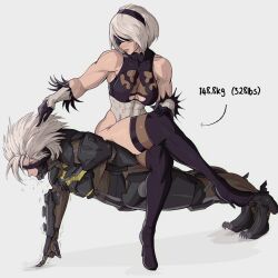 Rule 34 | 1boy, 1girl, 2b (nier:automata), alternate muscle size, black blindfold, blindfold, boots, breasts, clothing cutout, commentary, covered abs, covered eyes, crossed legs, crossover, cyborg, deltoids, english commentary, exercise, finger push-ups, girl on top, grey hair, high heels, highres, human chair, human furniture, large breasts, leotard, metal gear (series), metal gear rising: revengeance, mole, mole under mouth, muscular, muscular female, nier:automata, nier (series), push-ups, raiden (metal gear), short hair, sitting, sitting on person, stiletto heels, strong, thick thighs, thigh boots, thighhighs, thighhighs under boots, thighs, thong leotard, trait connection, underboob cutout, weight, yoracrab