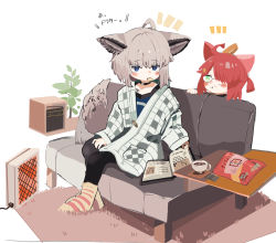 Rule 34 | 2girls, ahoge, alternate costume, animal ears, arknights, bag of chips, black leggings, blue eyes, blush, book, coffee cup, commentary request, couch, cup, disposable cup, food in mouth, fox ears, glasses, green eyes, green hair, hair over one eye, heater, highres, leggings, looking at viewer, material growth, multiple girls, myrrh (arknights), oripathy lesion (arknights), red hair, rug, ryu (17569823), short hair, simple background, sitting, sussurro (arknights), white background