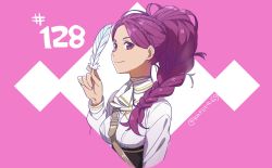 Rule 34 | 1girl, absurdres, closed mouth, feathers, fire emblem, fire emblem: three houses, fire emblem heroes, garreg mach monastery uniform, highres, holding, juria0801, long hair, long sleeves, nintendo, petra macneary, ponytail, purple hair, simple background, smile, solo, twitter username, uniform, upper body