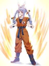 1girl absurdres animal_ears blue_hair braid carrot_hair_ornament clenched_hands commentary_request cosplay dougi dragon_ball dragonball_z food-themed_hair_ornament frown hair_ornament highres hololive kotomaru_428 multicolored_hair orange_eyes rabbit_ears rabbit_girl sidelocks solo son_goku son_goku_(cosplay) thick_eyebrows twin_braids two-tone_hair usada_pekora v-shaped_eyebrows virtual_youtuber white_hair