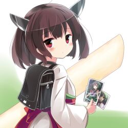 Rule 34 | 1girl, backpack, bag, black bag, blush, brown hair, clip studio paint (medium), closed mouth, commentary, food, from behind, green background, headgear, holding, holding food, holding photo, japanese clothes, jitome, kimono, kiritanpo (food), long sleeves, looking at viewer, obi, photo (object), randoseru, red eyes, red sash, ryogo, sash, solo, touhoku kiritan, touhoku zunko, twintails, two-tone background, voiceroid, white background, white kimono