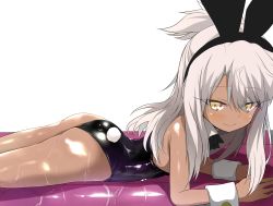 Rule 34 | 1girl, animal ears, ass, black leotard, chloe von einzbern, closed mouth, dark-skinned female, dark skin, detached collar, fake animal ears, fate/kaleid liner prisma illya, fate (series), female focus, from side, grey hair, hair between eyes, hairband, highres, leotard, long hair, looking at viewer, lying, on stomach, one side up, playboy bunny, rabbit ears, rabbit tail, shimejinameko, shiny skin, simple background, smile, solo, tail, white background, wrist cuffs, yellow eyes