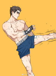 Rule 34 | 1boy, anderain, bandaged hand, bandages, bara, black gloves, blue shorts, boxing shorts, brown hair, closed mouth, eyepatch, fingerless gloves, gloves, high kick, highres, kicking, large pectorals, male focus, muscular, muscular male, nipples, ombra (anderain), one eye covered, original, pectorals, short hair, shorts, simple background, solo, sweat, thighs, weibo watermark
