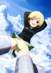 Rule 34 | 1girl, ;d, arms behind head, bad id, bad pixiv id, black hair, blonde hair, blue eyes, blush, catocala, cloud, crotch, day, erica hartmann, flying, happy, long sleeves, looking at viewer, military, military uniform, multicolored hair, no pants, one eye closed, open mouth, outdoors, panties, short hair, sky, smile, solo, spread legs, strike witches, striker unit, tail, two-tone hair, underwear, uniform, wink, world witches series, yellow panties