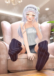 Rule 34 | 1girl, absurdres, andy2465, black hairband, black shorts, black thighhighs, blunt bangs, breasts, collarbone, couch, eyelashes, feet, foreshortening, gradient eyes, green eyes, grey tank top, hair bun, hair ornament, hairband, hand up, highres, hololive, indoors, legs, long hair, multicolored eyes, murasaki shion, no shoes, one side up, open mouth, orange eyes, plant, shadow, short shorts, shorts, sidelocks, single side bun, sitting, small breasts, smell, soles, solo, steaming body, strap slip, striped clothes, striped thighhighs, sweat, sweatdrop, tank top, teeth, thighhighs, thighs, toes, upper teeth only, vertical-striped clothes, vertical-striped thighhighs, virtual youtuber