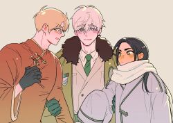 Rule 34 | 3boys, america (hetalia), axis powers hetalia, black gloves, black hair, blonde hair, bomber jacket, changpao, china (hetalia), chinese clothes, coat, cosplay, costume switch, cucciolomax2022, fur collar, glasses, gloves, highres, jacket, low ponytail, military, military uniform, multiple boys, necktie, oversized clothes, red robe, robe, russia (hetalia), scarf, trench coat, uniform