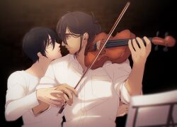 Rule 34 | 1boy, 1girl, black eyes, black hair, blurry, brown hair, chromatic aberration, depth of field, eren yeager, eye contact, facial hair, facial scar, goatee, hanpetos, hetero, holding, holding instrument, holding violin, instrument, looking at another, mikasa ackerman, music, music stand, playing instrument, scar, scar on cheek, scar on face, sheet music, shingeki no kyojin, shirt, short hair, short ponytail, sleeves rolled up, violin, white shirt
