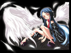 Rule 34 | 1girl, arm support, bare shoulders, black hair, border, bow, feathers, geta, hair bow, long hair, murasame ryou, orange eyes, original, parted lips, ribbon, sitting, solo, white wings, wings