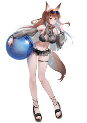 Rule 34 | 1girl, absurdres, animal ears, arknights, ball, bare shoulders, beachball, bikini, black bikini, breasts, brown eyes, brown footwear, brown hair, closed mouth, commentary request, detached sleeves, eyewear on head, fox ears, fox girl, fox tail, franka (arknights), full body, hand up, highres, long hair, long sleeves, looking at viewer, medium breasts, puffy long sleeves, puffy sleeves, sandals, see-through, see-through sleeves, simple background, smile, solo, sthk, sunglasses, swimsuit, tail, transparent, very long hair, white background