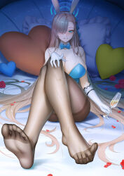 Rule 34 | 1girl, absurdres, alcohol, animal ears, asuna (blue archive), blue archive, blue eyes, blush, breasts, champagne, cleavage, cup, drinking glass, fake animal ears, feet, grin, hair over one eye, hand on own knee, heart, heart-shaped pillow, highres, large breasts, long hair, looking at viewer, pantyhose, pillow, smile, soles, toes, wine glass