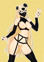 Rule 34 | 1girl, bdsm, black sclera, blonde hair, breasts, breasts out, colored sclera, elbow gloves, facial mark, forehead mark, gloves, highres, kaijin hime do-s, large breasts, long hair, mask, one-punch man, solo, thighhighs, yellow eyes