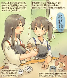 Rule 34 | 10s, 2girls, ^ ^, admiral (kancolle), akagi (kancolle), animal, brown eyes, brown hair, closed eyes, commentary request, cup, dated, food, hamster, holding, holding food, japanese clothes, kaga (kancolle), kantai collection, kirisawa juuzou, long hair, multiple girls, muneate, non-human admiral (kancolle), nontraditional miko, numbered, open mouth, side ponytail, speech bubble, tasuki, traditional media, translation request, twitter username