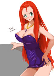 Rule 34 | 10hmugen, 1girl, artist name, blush, breasts, cleft of venus, dated, dress, earrings, female focus, ghost sweeper mikami, green eyes, hand on own hip, highres, jewelry, large breasts, long hair, mikami reiko, necklace, nipple slip, nipples, no panties, orange hair, purple dress, pussy, short dress, signature, simple background, solo, uncensored, white background