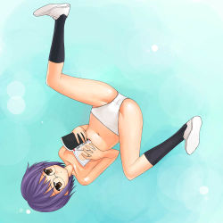Rule 34 | 00s, 1girl, a1 (initial-g), black socks, book, breasts, brown eyes, censored, collarbone, convenient censoring, covering privates, flat chest, full body, glasses, kneehighs, nagato yuki, navel, nipples, open book, panties, panties only, purple hair, reading, shoes, short hair, socks, solo, spread legs, suzumiya haruhi no yuuutsu, topless, underwear, underwear only, upside-down, white panties