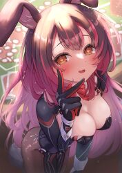 Rule 34 | 1girl, absurdres, animal ears, blush, breasts, brown eyes, brown hair, casino card table, cleavage, heart, heart-shaped pupils, highres, hololive, large breasts, leotard, long hair, looking at viewer, mihaeru, playboy bunny, rabbit ears, roboco-san, symbol-shaped pupils, table, virtual youtuber