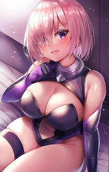 Rule 34 | 1girl, blush, breasts, cleavage, eyes visible through hair, fate/grand order, fate (series), hair over one eye, highres, large breasts, looking at viewer, mash kyrielight, nano (syoutamho), navel, open mouth, pink hair, purple eyes, short hair, sitting, smile, solo