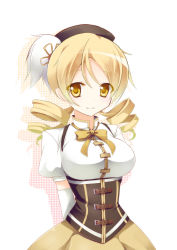 Rule 34 | 10s, 1girl, arms behind back, blonde hair, bow, bowtie, breasts, chibi arisu, corset, drill hair, gloves, hat, large breasts, light smile, mahou shoujo madoka magica, mahou shoujo madoka magica (anime), simple background, solo, tomoe mami, twin drills, twintails, yellow eyes