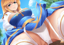 Rule 34 | 1girl, aqua eyes, arch bishop (ragnarok online), blonde hair, blue dress, blue sky, breasts, close-up, clothes lift, cloud, commission, day, dc24v, dress, dress lift, grin, lace, lace legwear, lace panties, lace thighhighs, large breasts, lifting own clothes, long hair, panties, puffy sleeves, ragnarok online, sitting, skeb commission, sky, smile, solo, swept bangs, teeth, thighhighs, underwear, upskirt, white panties, white thighhighs