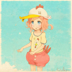 Rule 34 | 1girl, animal hat, awakumo, bad id, bad pixiv id, bird, blue eyes, chicken, chicken costume, female focus, freckles, glasses, hat, messy hair, original, outdoors, pink hair, sky, solo