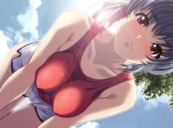 Rule 34 | 1girl, backlighting, bare shoulders, bent over, blue hair, blush, breasts, breasts squeezed together, cameltoe, cloud, collarbone, covered erect nipples, day, dutch angle, fang, game cg, gym shorts, impossible clothes, large breasts, lens flare, long hair, looking at viewer, mitsuya (iron), outdoors, ponytail, red eyes, short shorts, shorts, side slit, sidelocks, sky, smile, solo, sun, tank top, tree, yasuda ikumi, yuumei sakai wo koto ni suru
