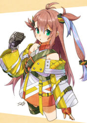 Rule 34 | 1girl, armed fantasia, brown hair, coat, cowboy shot, fingerless gloves, gloves, green eyes, long hair, looking at viewer, multicolored hair, open mouth, orange gloves, purple hair, side ponytail, simple background, soleil ainsley, solo, two-tone hair, tyuga, white coat
