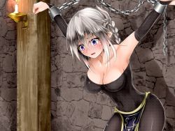 Rule 34 | 1girl, 73gou koudou, arms up, bdsm, blush, bondage, bound, braid, breasts, candle, chain, cleavage, covered erect nipples, female focus, game cg, grey hair, impossible clothes, kappamaru, lilitales, open mouth, purple eyes, solo, sweat
