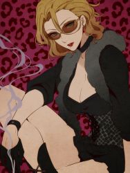 Rule 34 | 1girl, animal print, bad id, bad twitter id, bleach, blonde hair, boots, breasts, choker, cigarette, cleavage, crossed arms, earrings, female focus, hair between eyes, jewelry, large breasts, leopard print, lips, lipstick, looking at viewer, makeup, matsumoto rangiku, mole, mole under mouth, parted lips, short hair, smoke, smoking, solo, sunglasses, yukin (es)