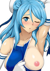 Rule 34 | 10s, 1girl, absurdres, armpits, beret, blue eyes, blue hair, blush, breasts, clothes pull, collarbone, competition school swimsuit, double bun, elbow gloves, gloves, hair between eyes, hair bun, hat, highres, janjan umatarou, kantai collection, large breasts, nipples, one-piece swimsuit, one-piece swimsuit pull, one breast out, one eye closed, open mouth, sailor hat, school swimsuit, solo, sweat, swimsuit, urakaze (kancolle), white gloves, white hat