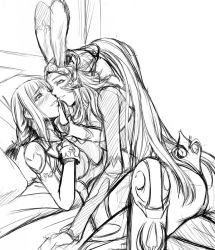 Rule 34 | 00s, 2girls, animal ears, ass, bed, blush, bracelet, braid, breasts, eye contact, face-to-face, final fantasy, final fantasy xii, fran (ff12), greyscale, hair up, hand on another&#039;s cheek, hand on own cheek, hand on own face, high ponytail, imminent kiss, imminent penetration, interspecies, jewelry, long hair, looking at another, lying, monochrome, multiple girls, on back, on bed, parted lips, penelo, pillow, ponytail, rabbit ears, smile, spread legs, viera, yuri