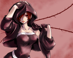 Rule 34 | 1girl, breasts, earrings, female focus, fingerless gloves, gloves, gradient background, hair over one eye, hood, jewelry, kiriya-sa, lips, meiko (vocaloid), nostalogic (vocaloid), red eyes, red hair, red theme, solo, thorns, vocaloid