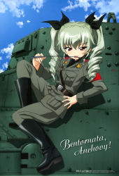 Rule 34 | 10s, 1girl, :p, absurdres, anchovy (girls und panzer), animage, announcement celebration, belt, black shirt, blouse, boots, brown eyes, dress shirt, drill hair, girls und panzer, green hair, grey jacket, grey pants, hair ribbon, highres, italian text, ito takeshi, itou takeshi, jacket, knee boots, licking, long hair, long sleeves, military, military uniform, military vehicle, motor vehicle, necktie, official art, on vehicle, pants, pants tucked in, ribbon, riding crop, scan, sexually suggestive, shirt, smile, solo, tank, tongue, tongue out, twin drills, twintails, uniform, vehicle
