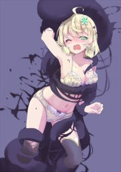 Rule 34 | 1girl, ahoge, arm up, black thighhighs, blonde hair, blush, bow, bow bra, bow panties, bra, breasts, brown bra, brown panties, cleavage, feet out of frame, flower, green eyes, green flower, hair flower, hair ornament, highres, medium breasts, one eye closed, open mouth, original, panties, purple background, sekira ame, simple background, solo, tears, thighhighs, underwear, underwear only, wavy mouth