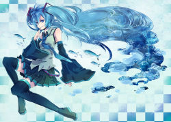 Rule 34 | 1girl, blue eyes, blue hair, boots, checkered background, detached sleeves, fish, hatsune miku, highres, last c, long hair, necktie, sitting, skirt, smile, solo, thigh boots, thighhighs, twintails, very long hair, vocaloid, yukimichi (nieko)