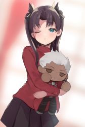 Rule 34 | 1girl, archer (fate), black hair, black ribbon, black skirt, blue eyes, blush, character doll, commentary request, cowboy shot, hugging doll, fate/stay night, fate (series), hair ribbon, highres, holding, linearmotor, long hair, long sleeves, looking at viewer, hugging object, one eye closed, parted bangs, parted lips, pleated skirt, red background, red shirt, ribbon, shirt, skirt, solo, tohsaka rin, two side up, white background