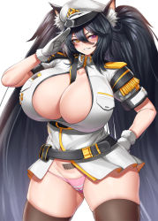 Rule 34 | 1girl, absurdly long hair, absurdres, barcode, barcode tattoo, black hair, blush, breasts, brown thighhighs, cerberus (last origin), cerberus (last origin) (cosplay), cho!cho!, cleavage, cleavage cutout, clothing cutout, cosplay, gigantic breasts, gloves, grin, hair between eyes, hat, heterochromia, highres, huge breasts, last origin, long hair, looking at viewer, mole, mole under mouth, panties, peaked cap, poi (last origin), pubic tattoo, purple eyes, salute, simple background, smile, solo, tattoo, thighhighs, twintails, underwear, very long hair, white background, white gloves, yellow eyes