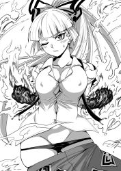 Rule 34 | blunt bangs, blush, breasts, burning, cleavage, clenched hands, covered erect nipples, dress shirt, fire, fujiwara no mokou, greyscale, groin, highres, himajin noizu, large breasts, long hair, monochrome, one eye closed, panties, panty pull, ponytail, shirt, skindentation, solo, suspenders, torn clothes, torn sleeves, touhou, underwear, white background