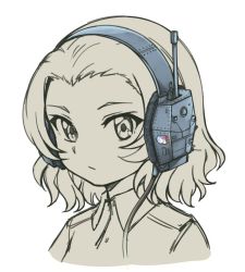 Rule 34 | 10s, 1girl, closed mouth, commentary, english commentary, girls und panzer, greyscale, hair slicked back, headphones, jacket, looking at viewer, military, military uniform, monochrome, pas (paxiti), portrait, rosehip (girls und panzer), short hair, simple background, solo, uniform, white background