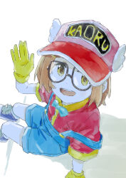 Rule 34 | 1girl, arm support, black-framed eyewear, blue bow, blue bowtie, blue overalls, bow, bowtie, character name, child, cosplay, dot nose, dr. slump, flat chest, glasses, gloves, hand up, hat, idolmaster, idolmaster cinderella girls, looking at viewer, morotomi, norimaki arale, norimaki arale (cosplay), open mouth, orange hair, overall shorts, overalls, purple footwear, red hat, red shirt, ryuzaki kaoru, shirt, short hair, short sleeves, sidelocks, sitting, smile, solo, teeth, upper teeth only, waving, winged hat, yellow eyes, yellow gloves