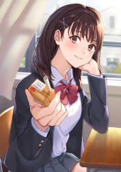 Rule 34 | 1girl, black jacket, blazer, bow, bowtie, brown eyes, brown hair, chair, classroom, collared shirt, commentary request, desk, drinking straw, grey skirt, hand on own cheek, hand on own face, highres, indoors, jacket, juice box, kanden sky, long hair, long sleeves, looking at viewer, open clothes, open jacket, original, pleated skirt, red bow, red bowtie, school chair, school desk, school uniform, shirt, skirt, smile, solo, white shirt, window